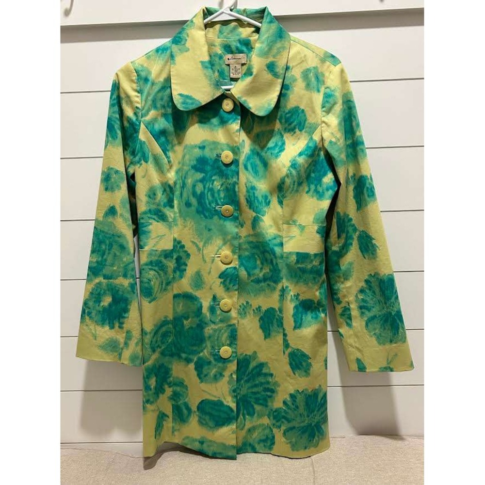 Elevenses Anthropologie Floral Trench Coat Teal Yellow Watercolor Jacket Size 10